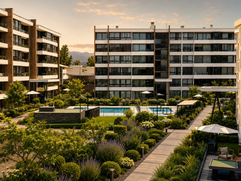 Amplias áreas verdes y jardines en condominios Ictinos