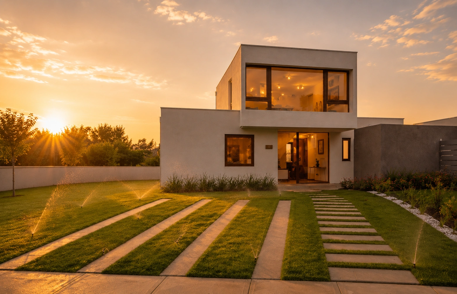Antejardín con pasto natural y sistema de riego automático en casa Condominio Las Loicas — Santa Elena de Chicureo