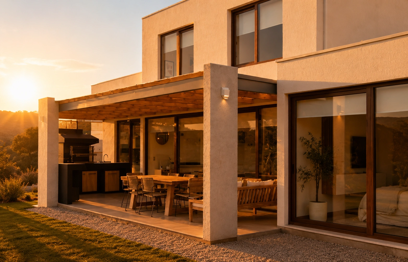 Terraza techada exterior de una casa Las Loicas — espacio cubierto para disfrutar al aire libre durante todo el año en Chicureo