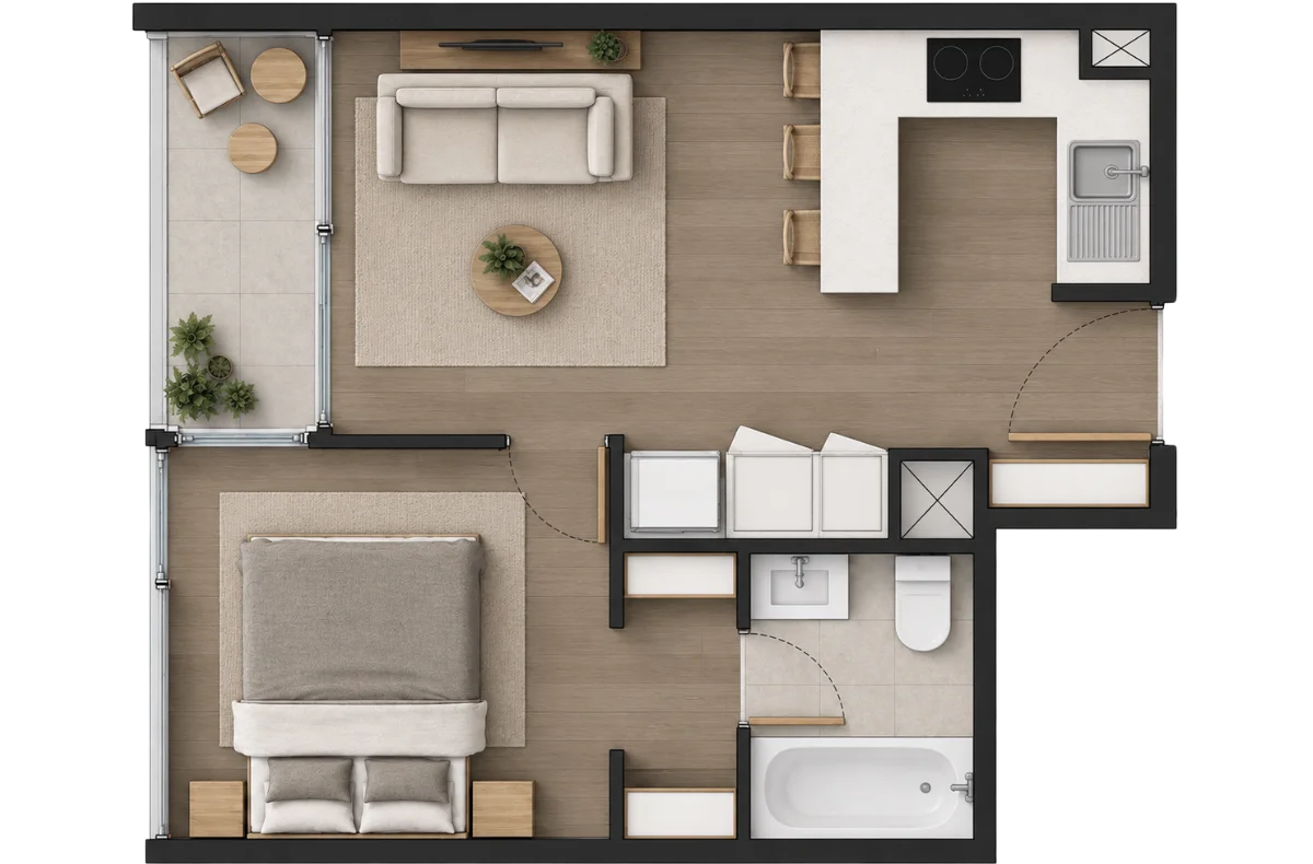 Ambientación referencial tipología 1 Dormitorio + 1 Baño, Prat 1745